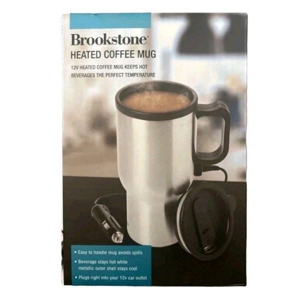 Brookstone 12V Car Outlet Portable Heated 13oz Coffee Mug Travel NEW Open Box